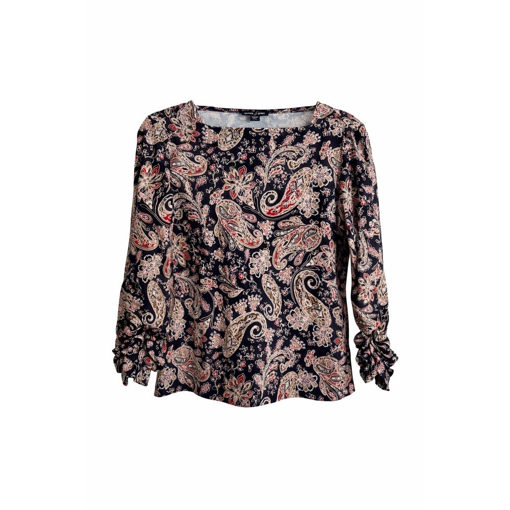 Nautica Paisley Square Neck Ruched Sleeve Top Small PetiteSP